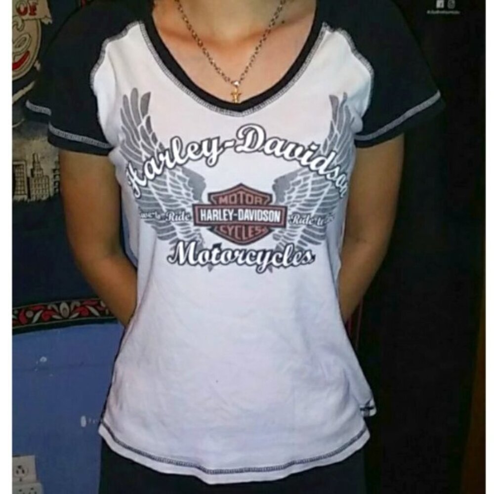 Harley Davidson T Shirt V Neck Raglan Tee Live to Ride Black/White M Flawed